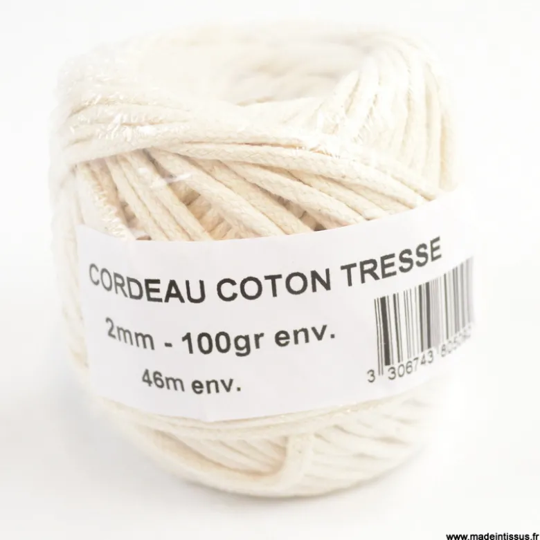 bobine cordon en coton tressé de 2 mm, 46m.