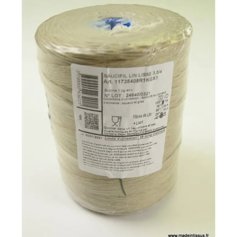 Bobine ficelle contact alimentaire 1.3mm en lin ECRU 4 bouts, 1kg
