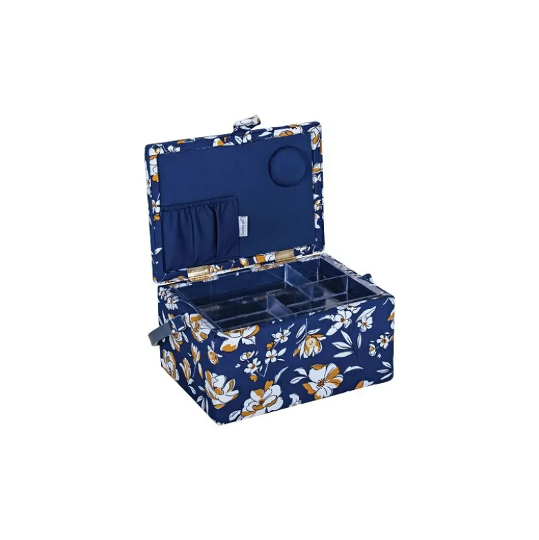 Boite à couture - Motif fleurs ocre fond bleu