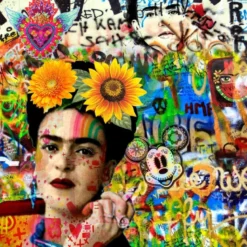 Carré / panneau en simili Frida, graffitis et mickey