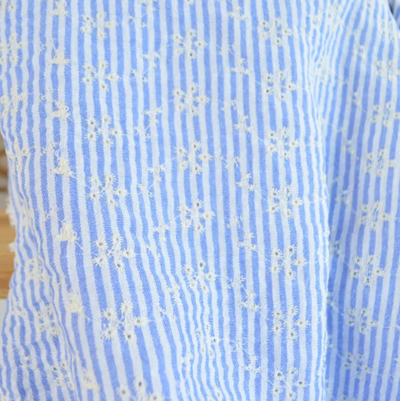 Coton brodé rayures bleu & blanc – effet lin