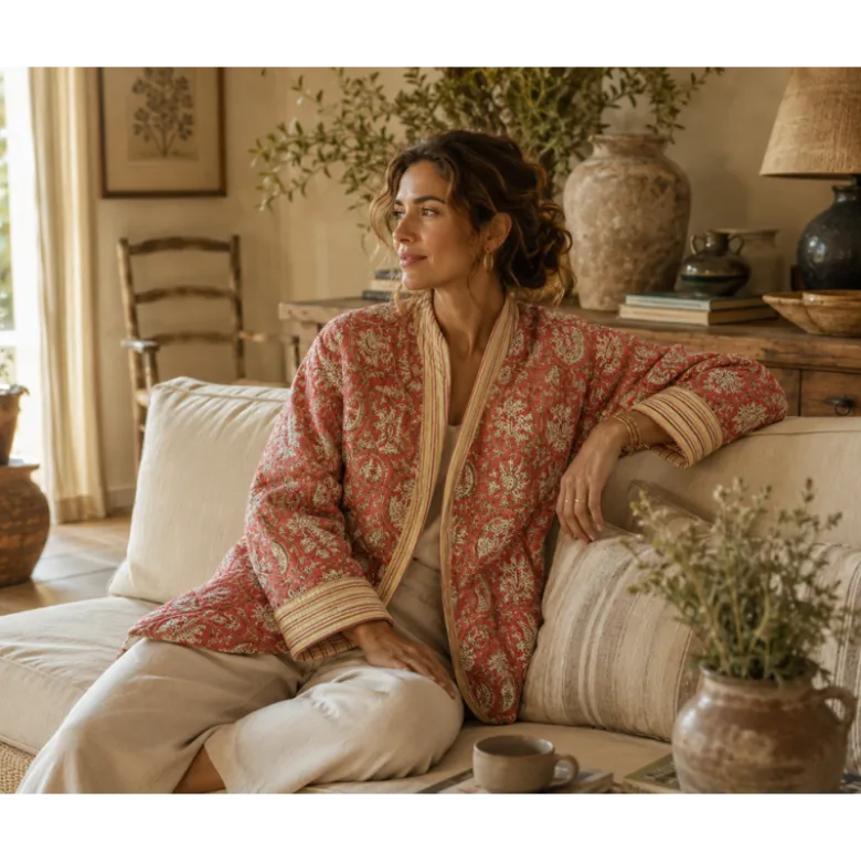 Coton matelassée Kaby motif fleurs Indienne fond terracotta