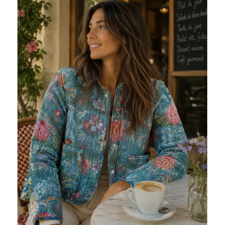 Coton matelassée Nako motif fleurs Indienne Bleu