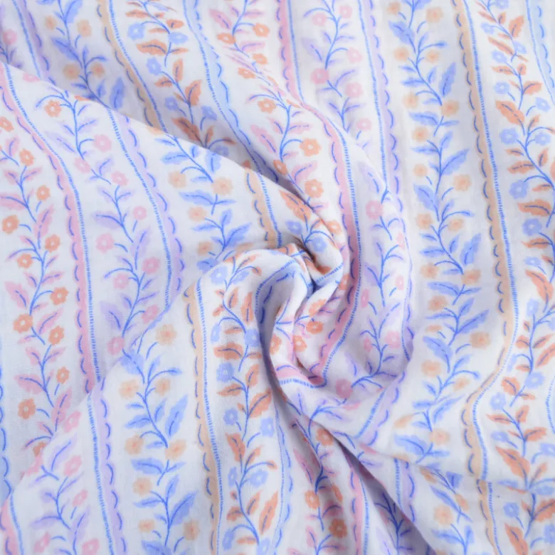 Double gaze Bio motif fleurs et rayures Parme, rose et bleu