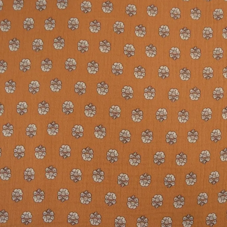 Double gaze de coton Bio & OEKO TEX Augustine motifs fleurs fond caramel