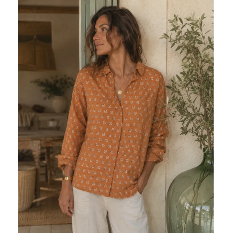 Double gaze de coton Bio & OEKO TEX Augustine motifs fleurs fond caramel