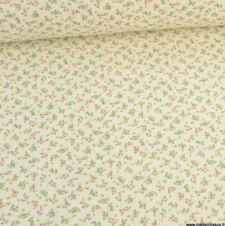Double gaze de coton Bio, OEKO TEX Santina motifs fleurs roses et pointe de jaune fluo