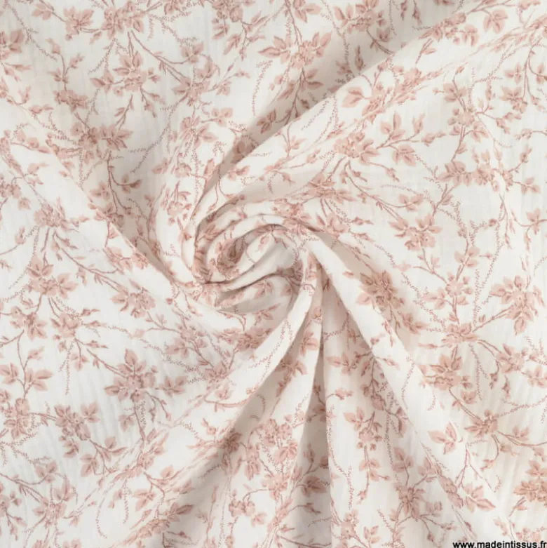 Double gaze de coton Bio & OEKO TEX Jeannine motifs fleurs roses fond Blanc rosé