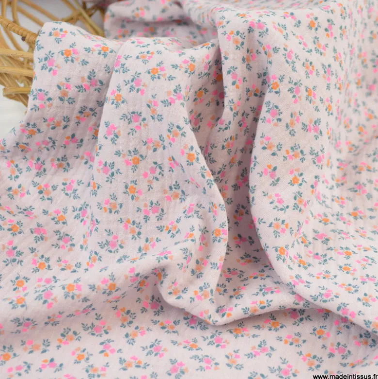 Double gaze de coton Bio, OEKO TEX Santina motifs fleurs pétrole et pointe de rose fluo