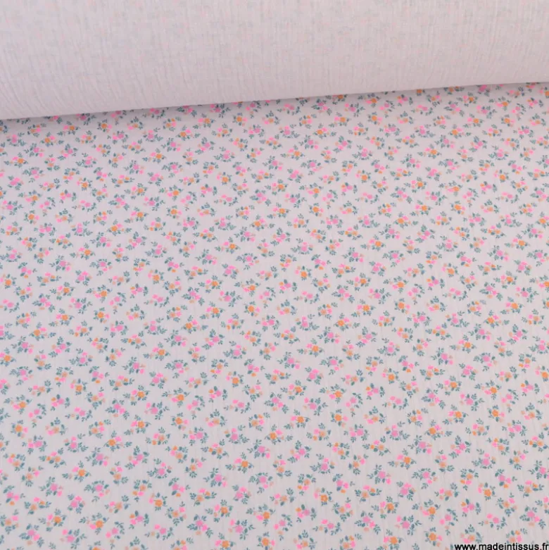 Double gaze de coton Bio, OEKO TEX Santina motifs fleurs pétrole et pointe de rose fluo