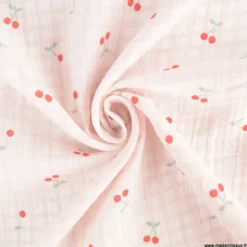 Double gaze de coton Bio réversible motif cerises rouges et carreaux fond blanc