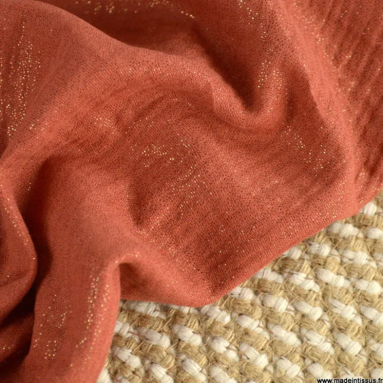 Double gaze de coton irisé Lurex fond Brique -OEKO TEX