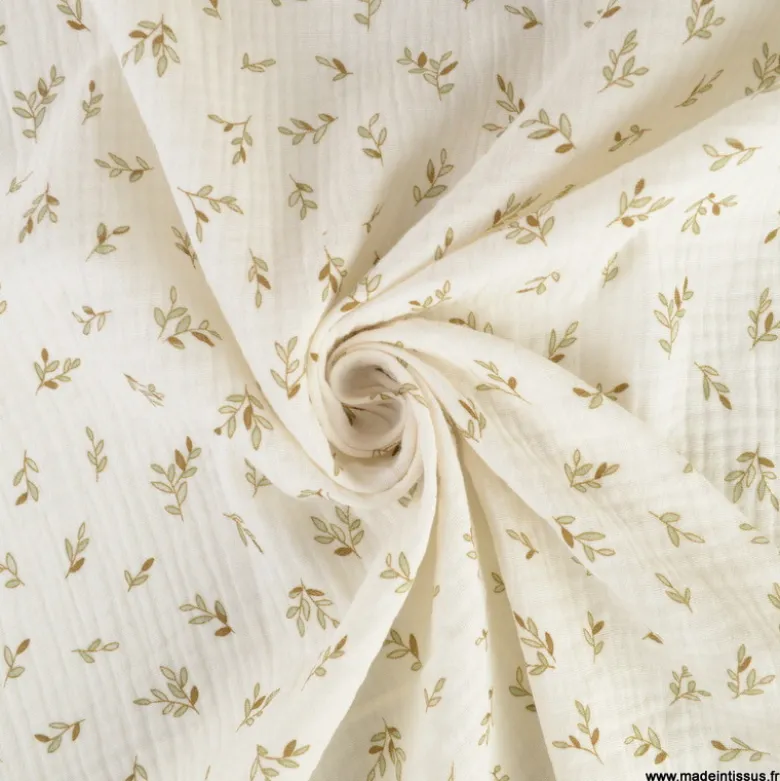 Double gaze de coton Laurette feuillage fond écru -OEKO TEX