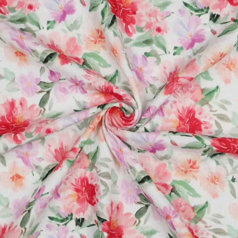 Double gaze Emalie motif fleuri rose, parme et vert - OEKO TEX