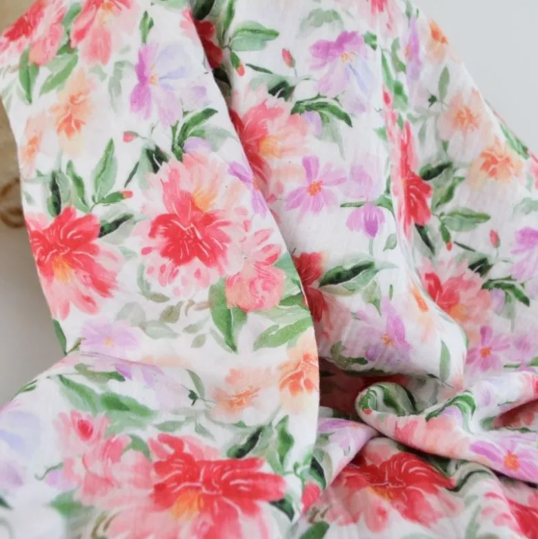 Double gaze Emalie motif fleuri rose, parme et vert - OEKO TEX