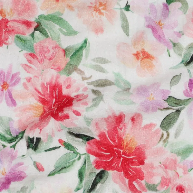 Double gaze Emalie motif fleuri rose, parme et vert - OEKO TEX