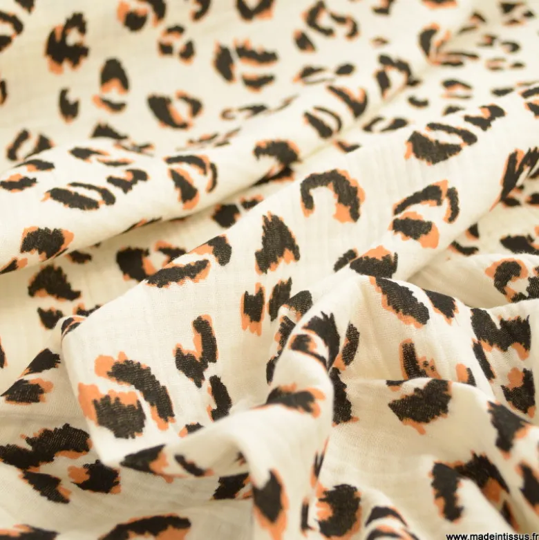 Double gaze Fauve motif léopard fond écru - OEKO TEX