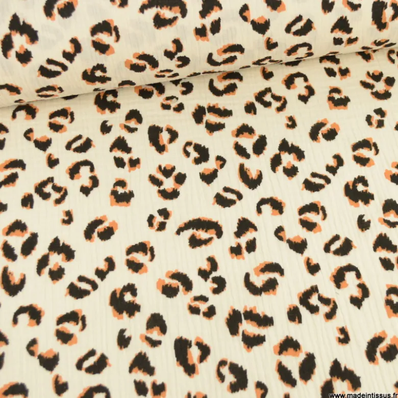 Double gaze Fauve motif léopard fond écru - OEKO TEX