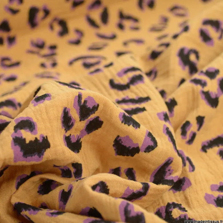 Double gaze Fauve motif léopard violet fond marron - OEKO TEX