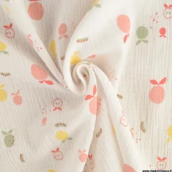 Double gaze Jogus motif fruits fond blanc - OEKO TEX