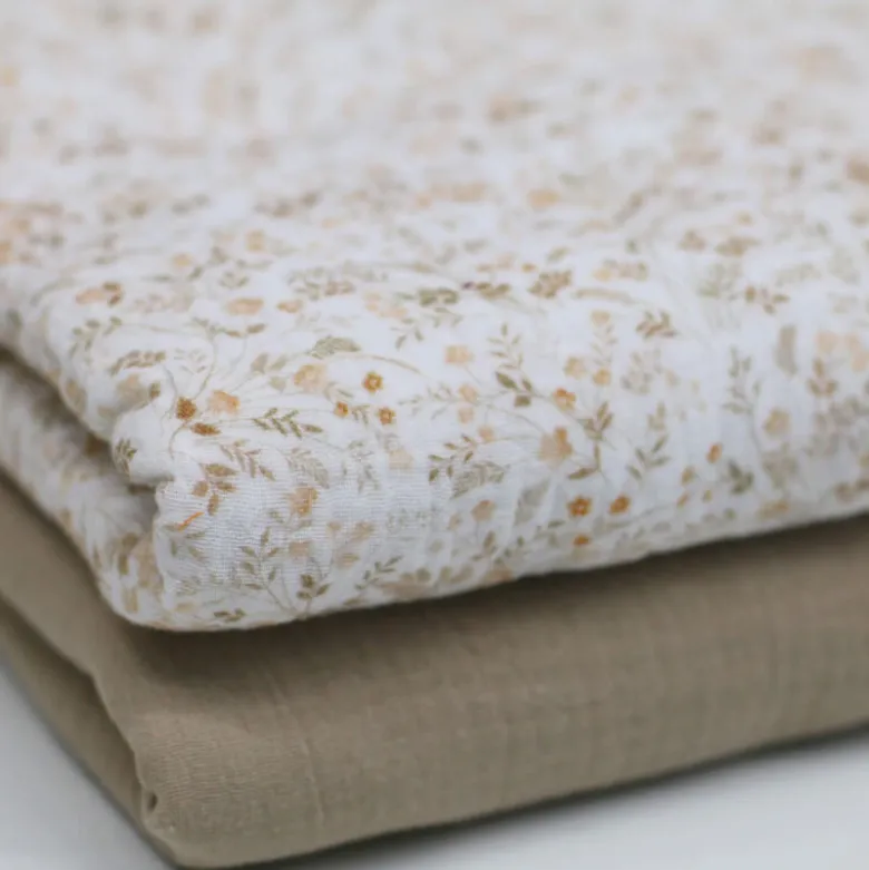 Double gaze motif Emilie - Motif fleurs et feuillage beige