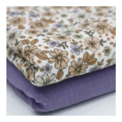 Double gaze motif fleurs d'été Lilas et beige