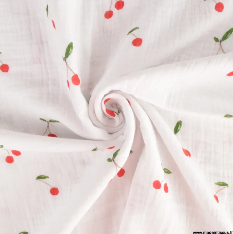 Double gaze motif grandes cerises fond blanc - OEKO TEX