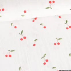 Double gaze motif grandes cerises fond blanc - OEKO TEX