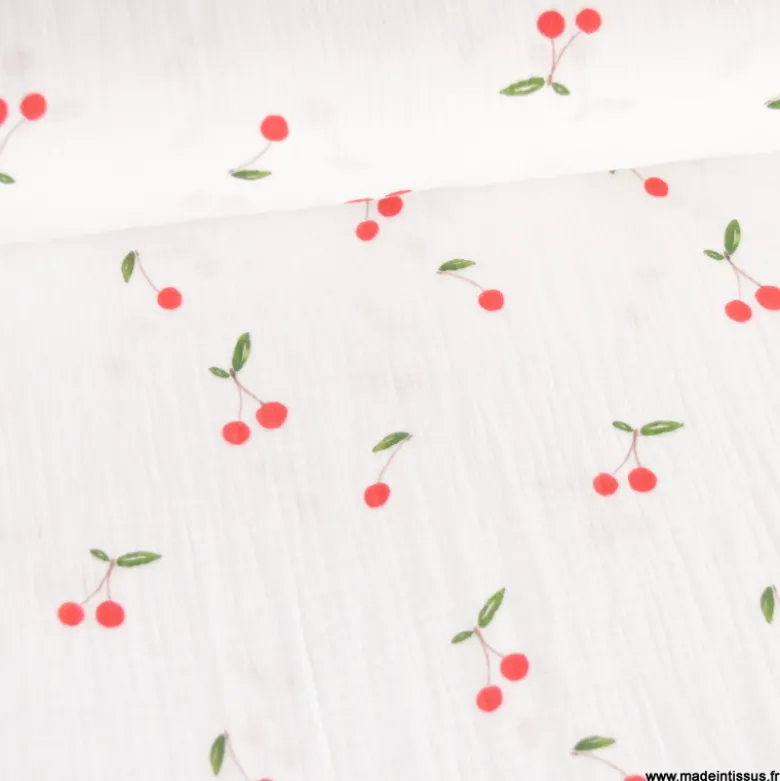 Double gaze motif grandes cerises fond blanc - OEKO TEX