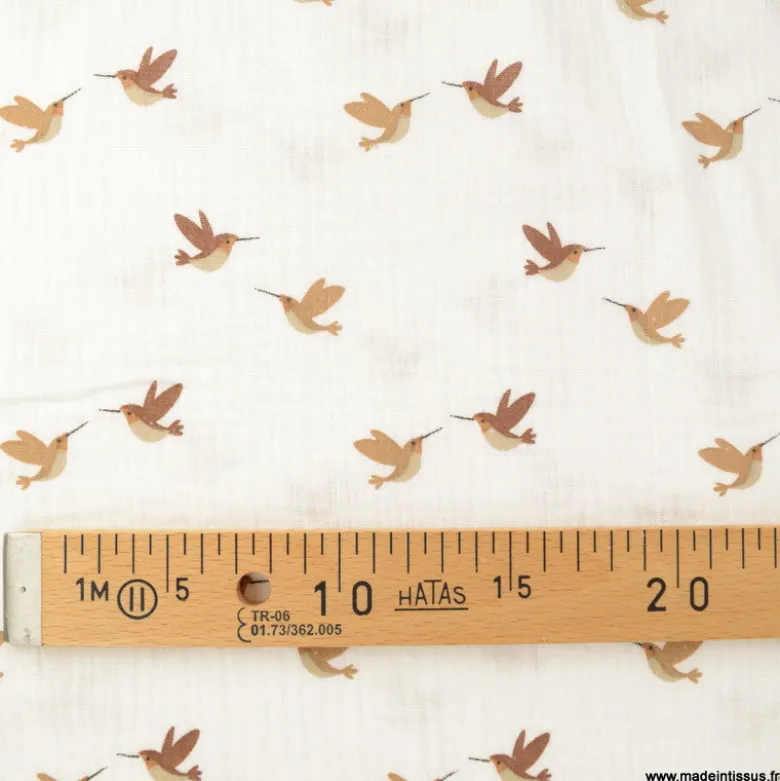 Double gaze motifs oiseaux fond blanc cassé Milk - OEKO TEX