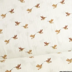 Double gaze motifs oiseaux fond blanc cassé Milk - OEKO TEX