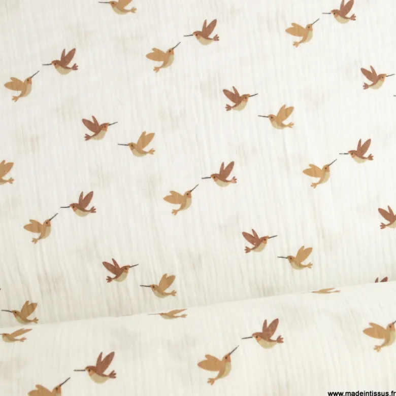 Double gaze motifs oiseaux fond blanc cassé Milk - OEKO TEX