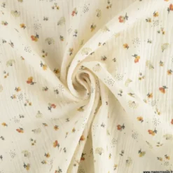 Double gaze Nelsi motif fleurs fauve fond Ecru - OEKO TEX