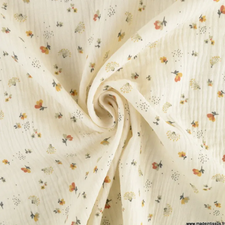 Double gaze Nelsi motif fleurs fauve fond Ecru - OEKO TEX