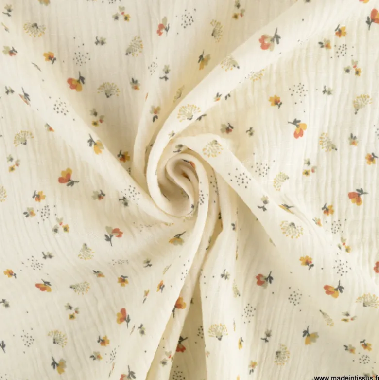 Double gaze Nelsi motif fleurs fauve fond Ecru - OEKO TEX