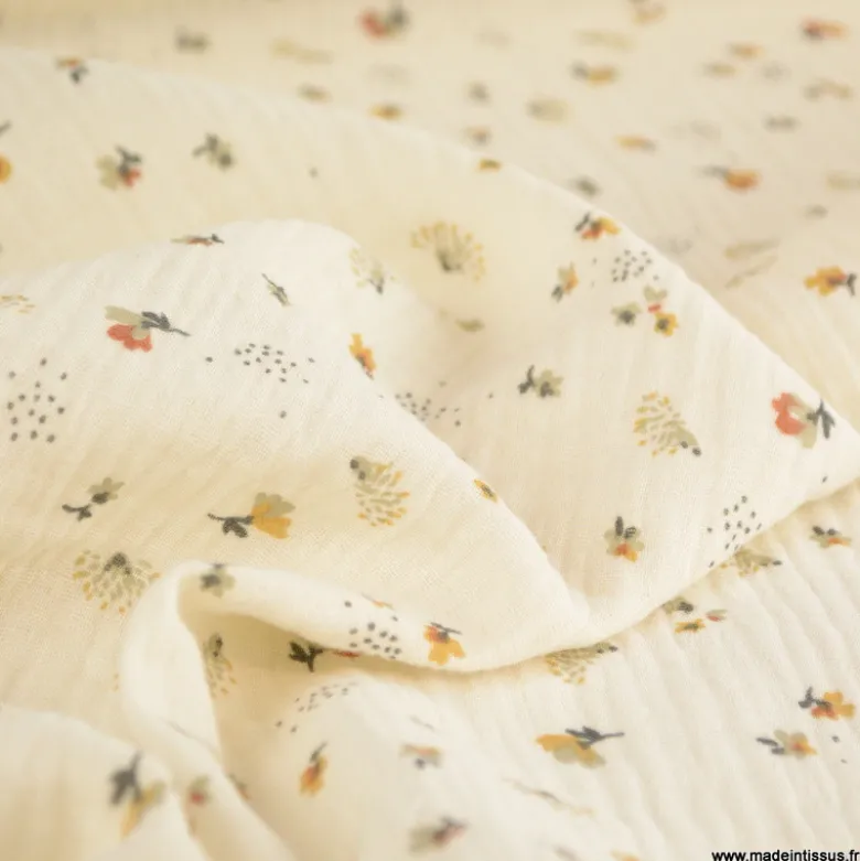 Double gaze Nelsi motif fleurs fauve fond Ecru - OEKO TEX