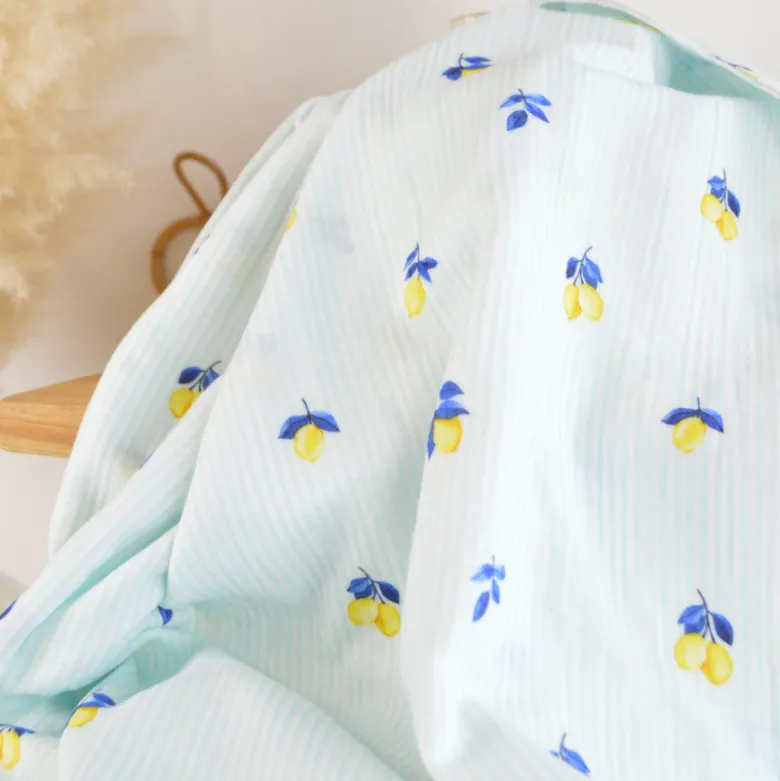 Double gaze à rayures bleues et blanches motif citrons - OEKO TEX