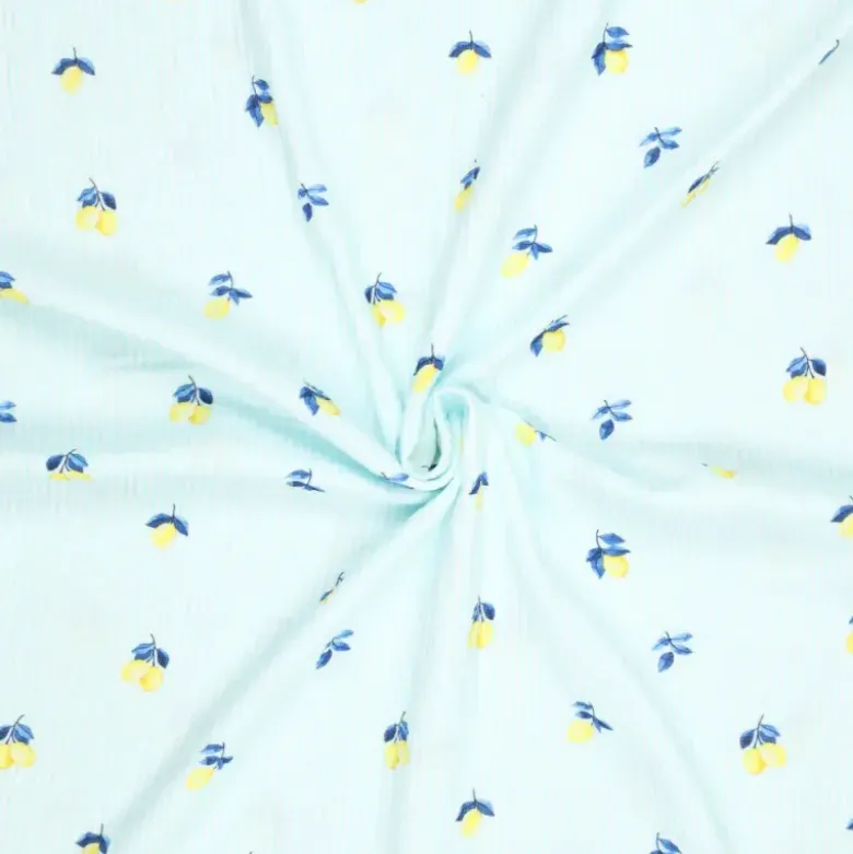Double gaze à rayures bleues et blanches motif citrons - OEKO TEX