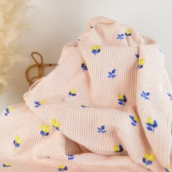 Double gaze à rayures roses et blanches motif citrons - OEKO TEX