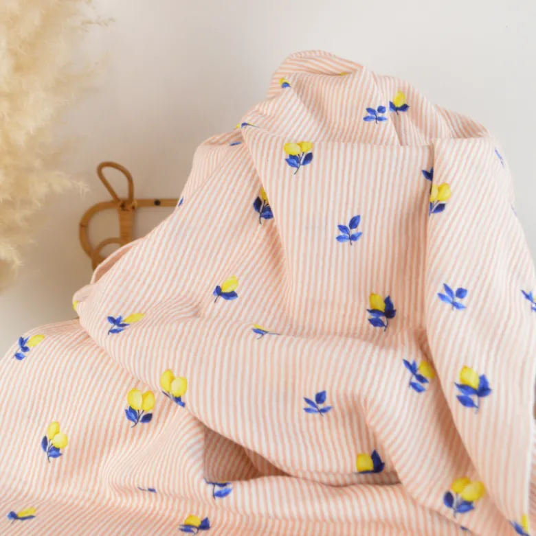 Double gaze à rayures roses et blanches motif citrons - OEKO TEX