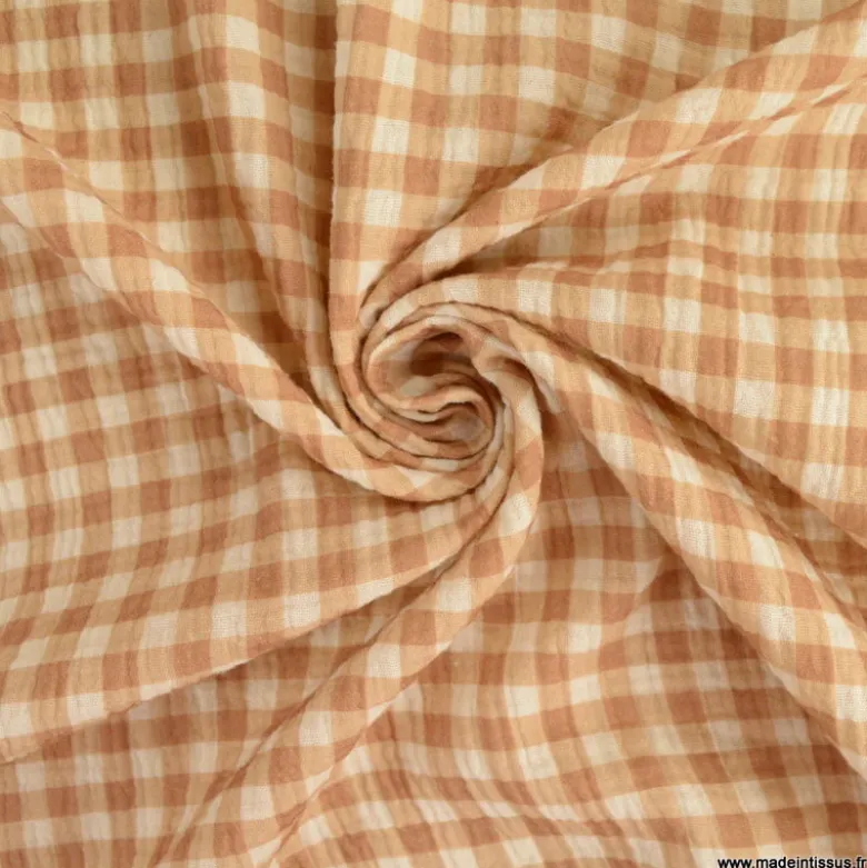 Double gaze vichy caramel - exclusivité Made in Tissus