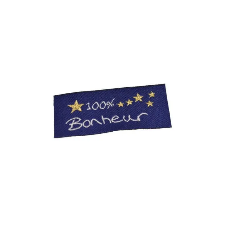 Etiquette tissée à coudremessage "100% Bonheur" 20x45mm