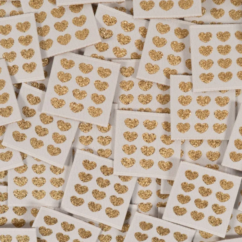 Etiquette tissée motifs petits coeurs doré fond écru - Ikatee