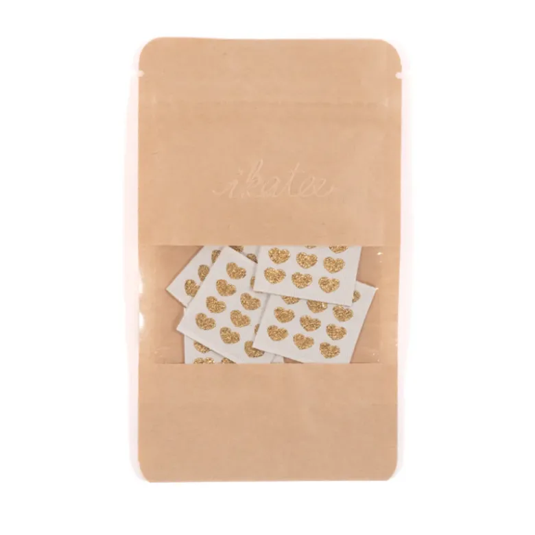 Etiquette tissée motifs petits coeurs doré fond écru - Ikatee