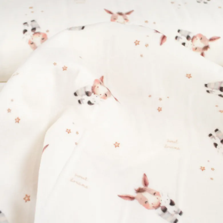 Flanelle motif ânes et étoiles fond blanc cassé