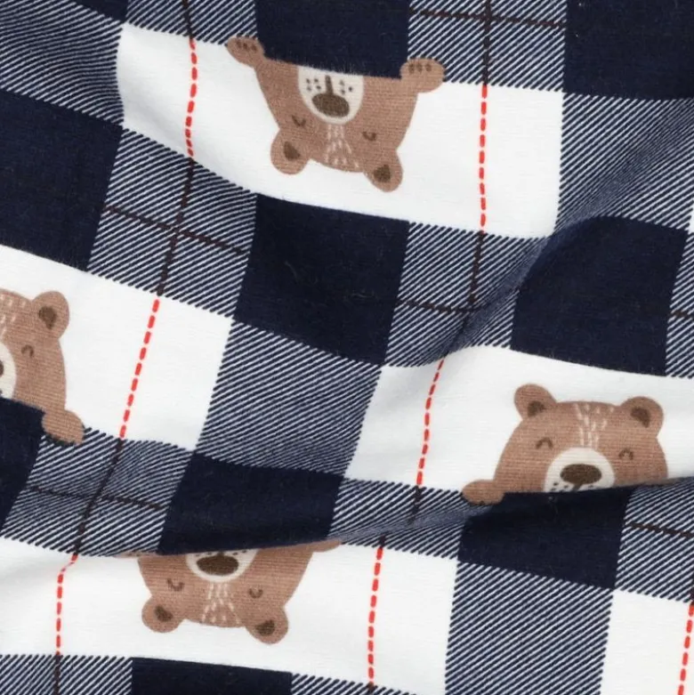 Flanelle motif Vichy grands carreaux marine motif tête d'ours