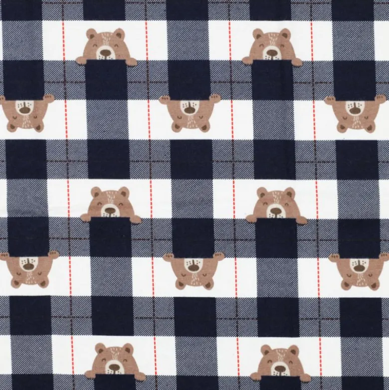 Flanelle motif Vichy grands carreaux marine motif tête d'ours