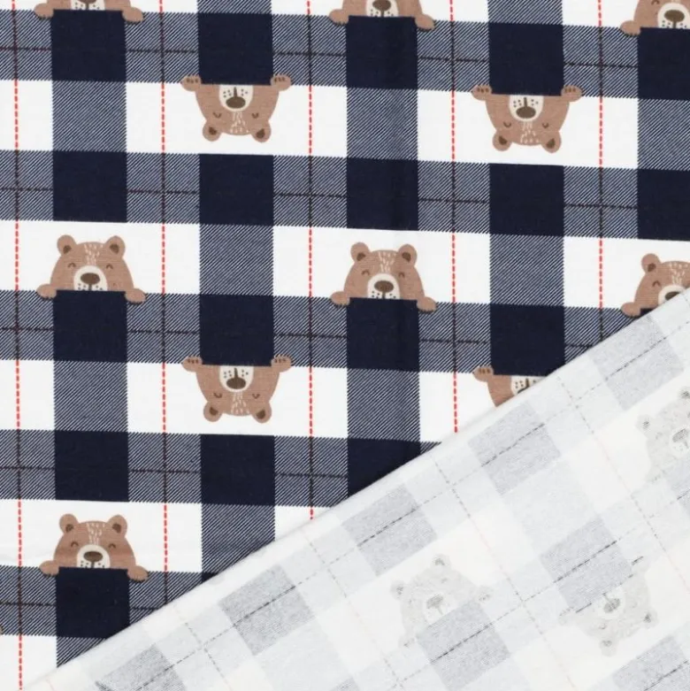 Flanelle motif Vichy grands carreaux marine motif tête d'ours