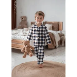Flanelle motif Vichy grands carreaux marine motif tête d'ours
