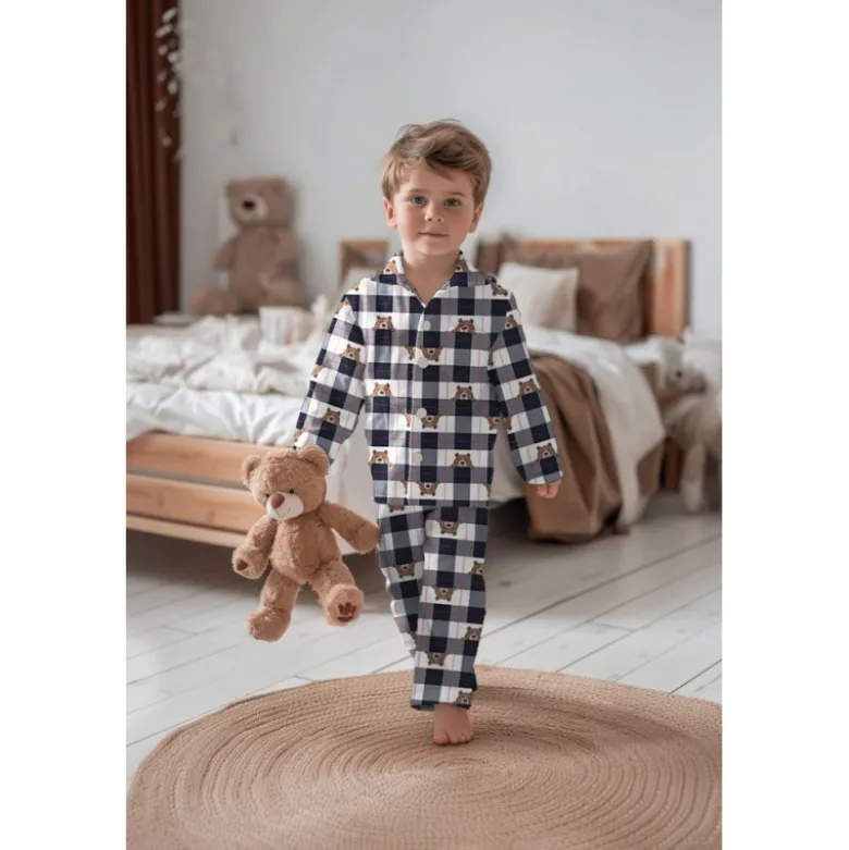 Flanelle motif Vichy grands carreaux marine motif tête d'ours